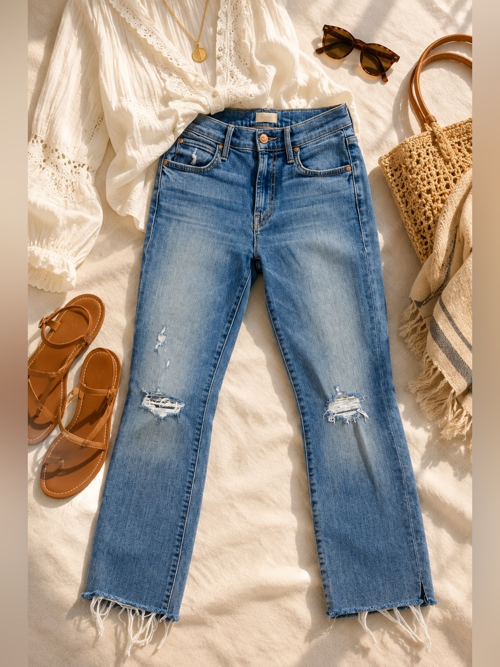 MOTHER Women Jeans Straight Leg in Light Blue with Distressed Knees